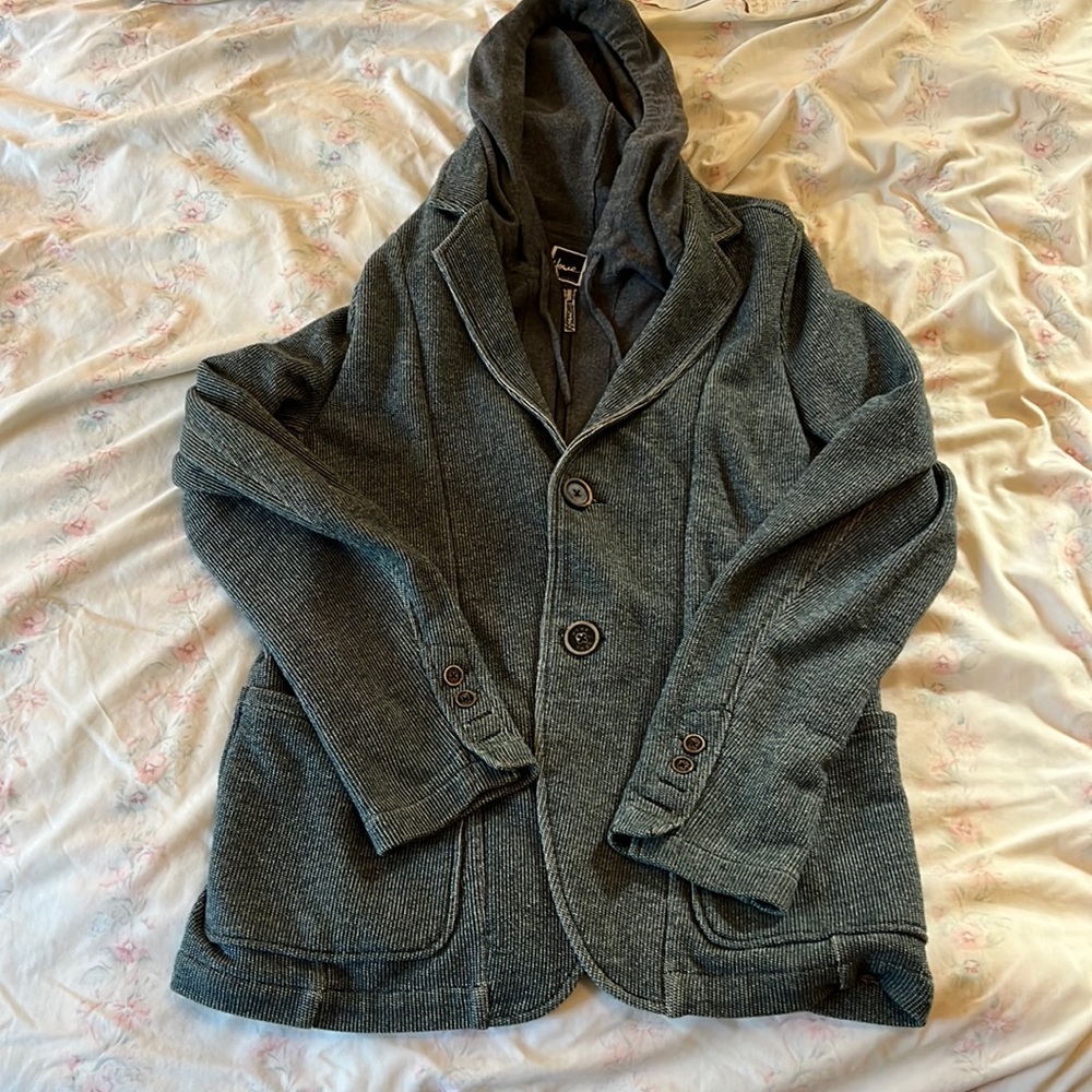 Men’s Large gray Howe zip-up and button-up jacket with hoodie attached inside